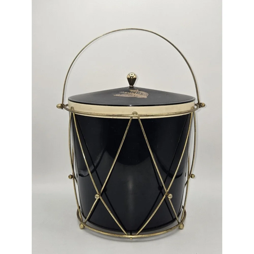 Thermos Model 9940 Black Ice Bucket Gold Tone Wire Carrier Mid Century Barware